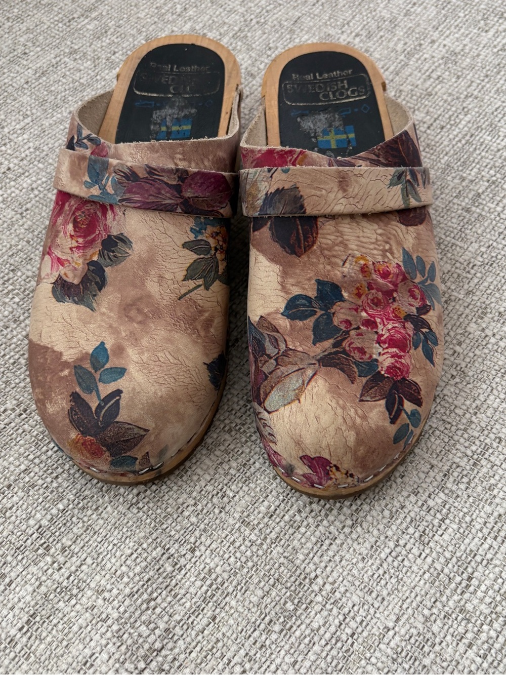 Swedish Clogs Floral Leather Wood Clogs Made in Sweden EU 39